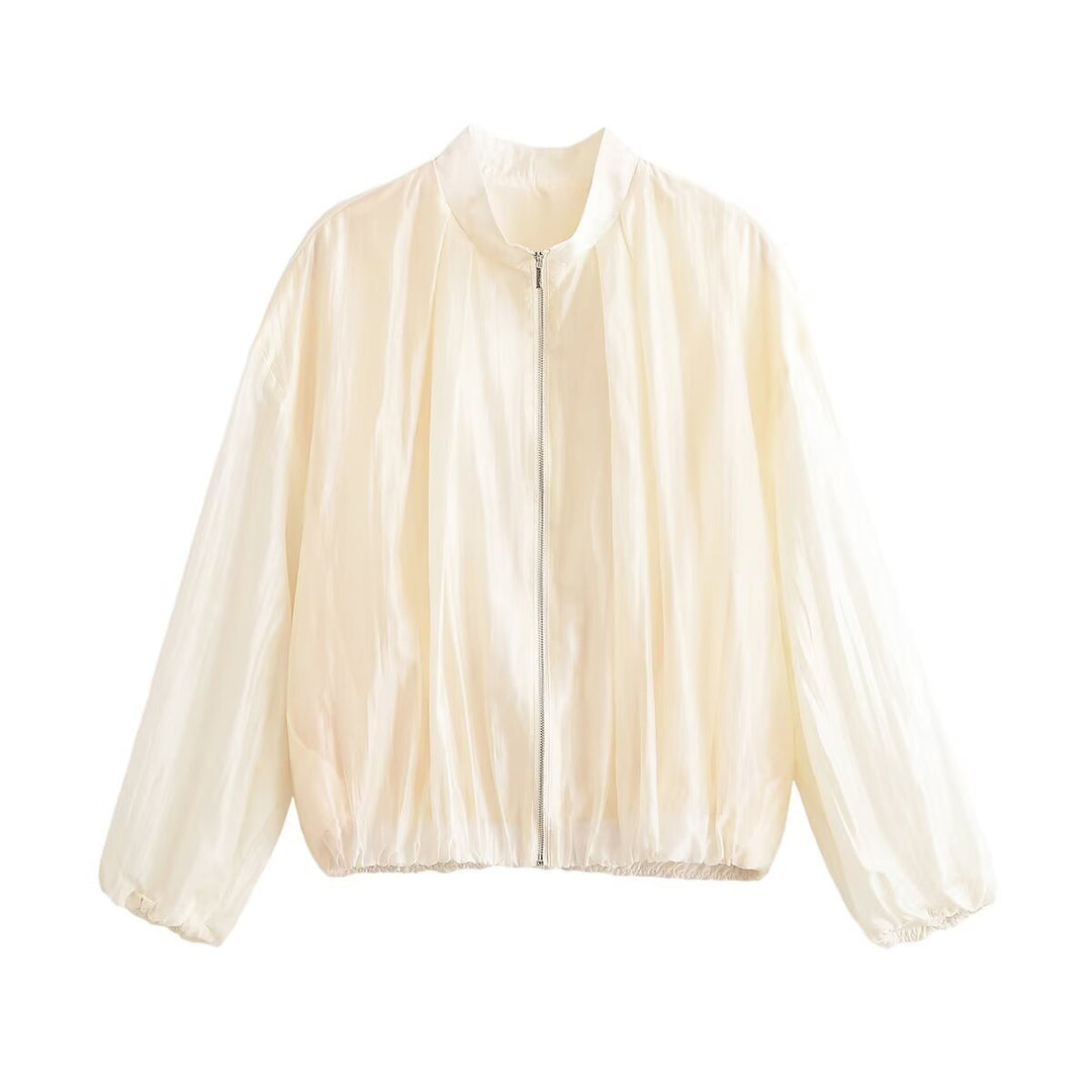 Damen Leichte transparente Cropped Bomberjacke aus seidig glänzendem Material mit Reißverschluss Nord Taschen