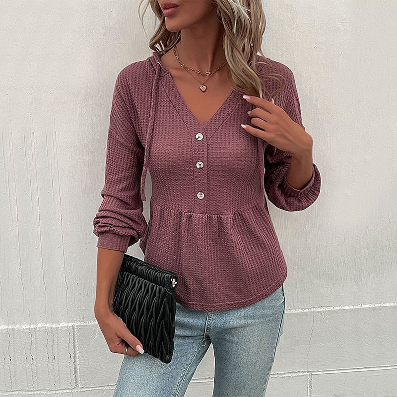 Damen Waffelstrick-Hoodie-Bluse mit V-Ausschnitt, Knopfleiste und geraffter Taillenpasse Nord Taschen