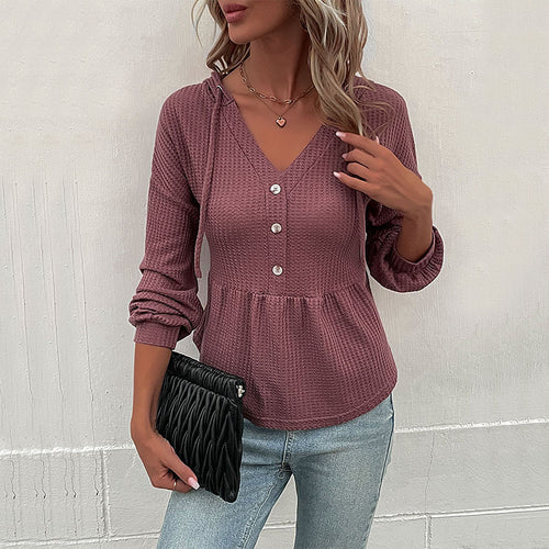 Damen Waffelstrick-Hoodie-Bluse mit V-Ausschnitt, Knopfleiste und geraffter Taillenpasse Nord Taschen