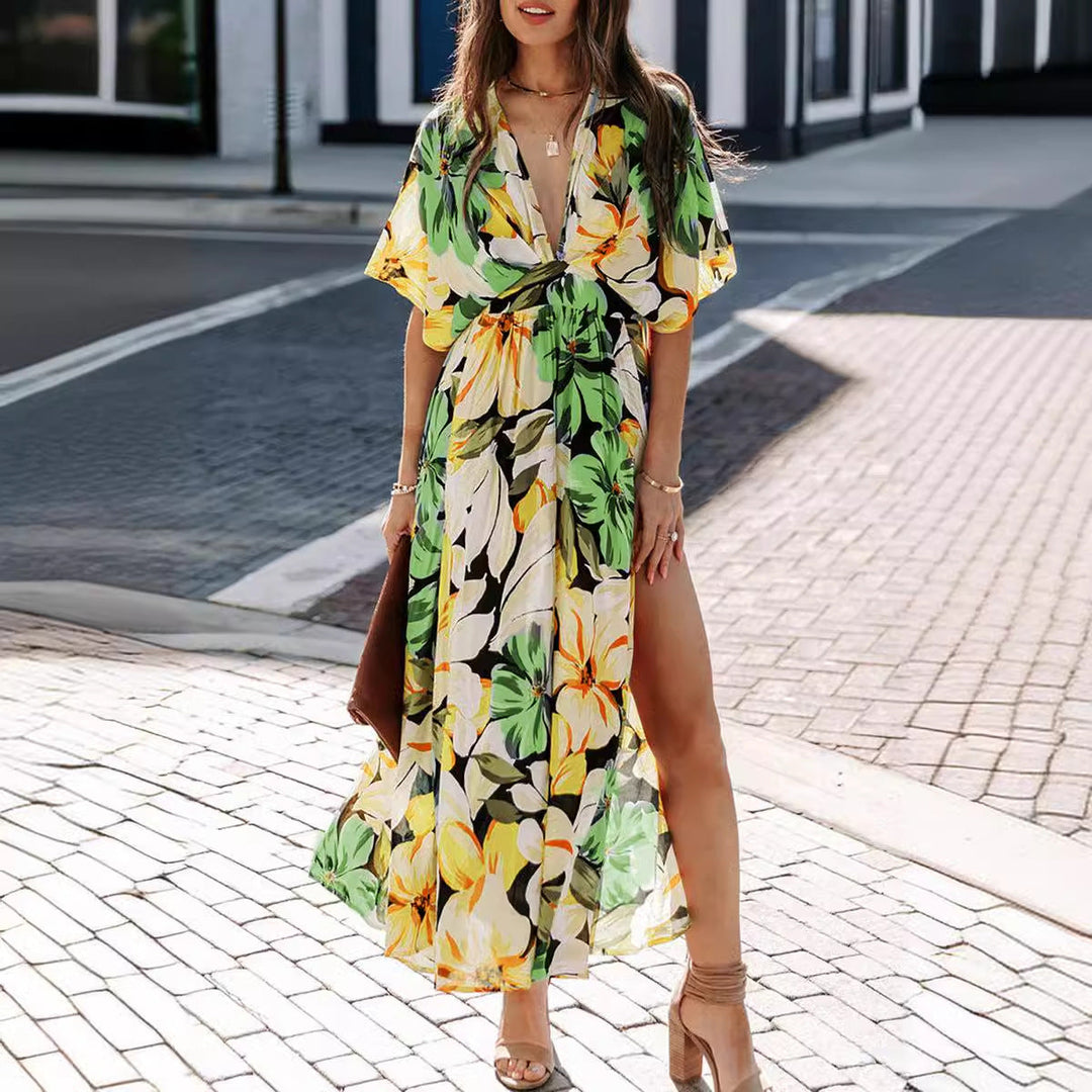 Damen Maxikleid mit floralem Wickeldesign und tiefem V-Ausschnitt