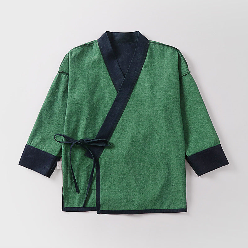 Unisex Leichte Wickel-Kimono-Jacke aus Leinen-Baumwollmix mit Kontrastbesatz und Bindegürtel Nord Taschen