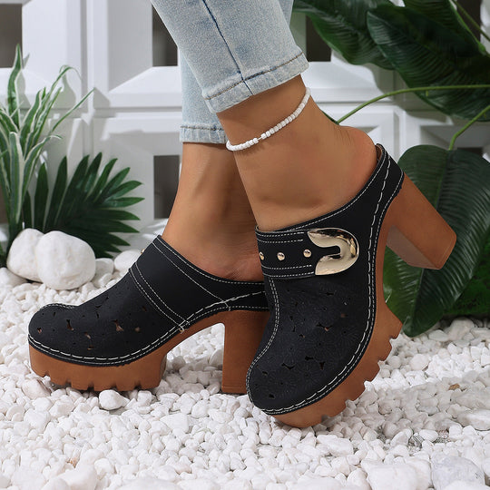 Damen modische Clogs mit perforiertem Design und elegantem Blockabsatz