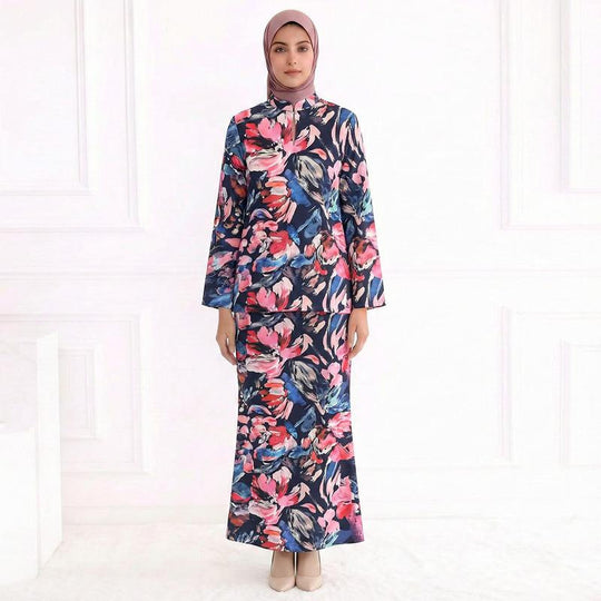 Damen Zweiteiliges Modest-Set aus Tunika mit Stehkragen und geradem Maxirock mit Blumenprint Nord Taschen