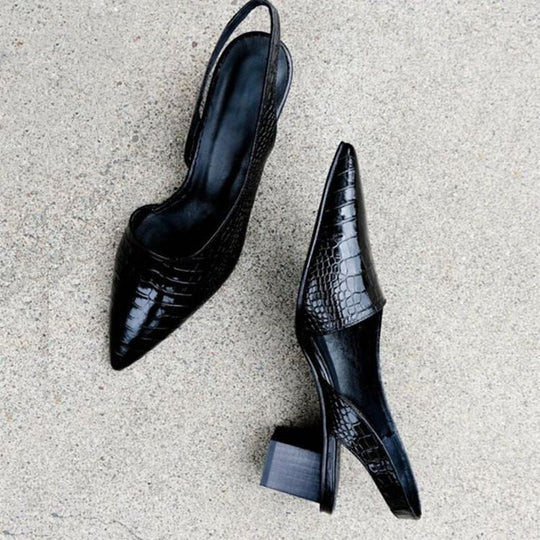 Damen Slingback-Pumps mit glänzendem Krokoprint und bequemer Blockabsatz
