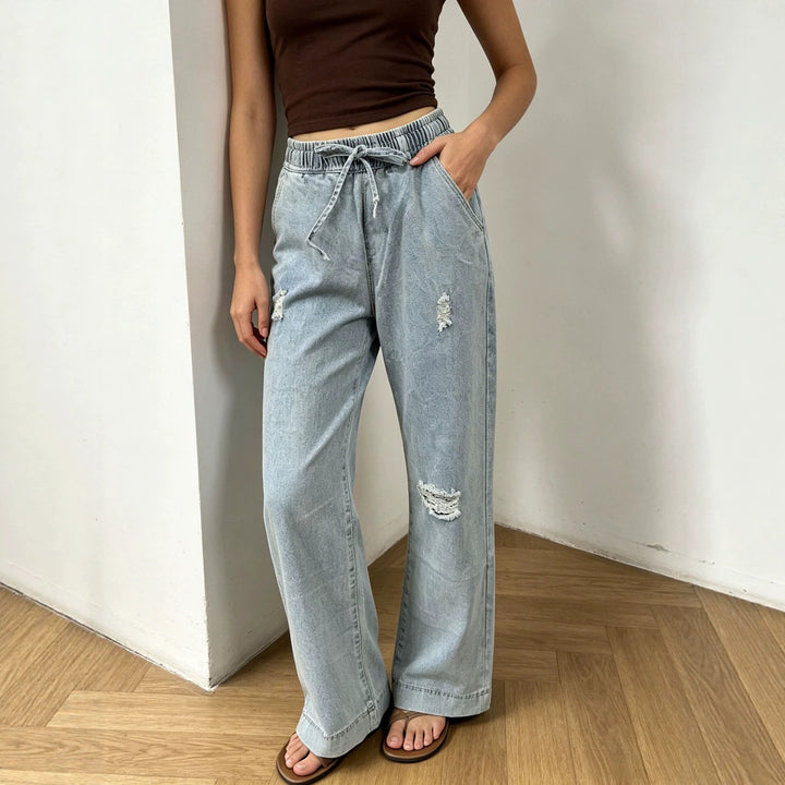 Damen weite Denimhose mit elastischem Kordelbund, Used-Effekten und lockerer Passform Nord Taschen