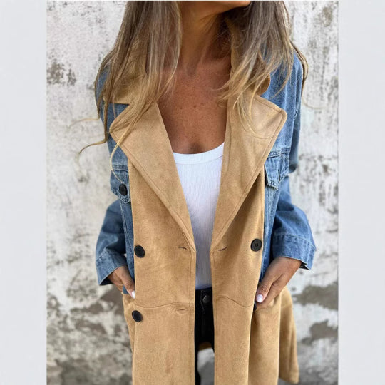 Damen Oversize Jeans-Blazer mit kontrastierendem Wildleder-Einsatz und doppelter Knopfreihe Nord Taschen