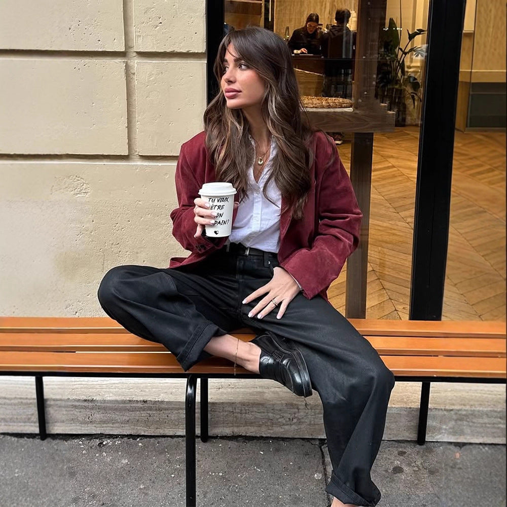 Damen Velourslederblazer mit legerer Cropped-Passform und Hemdkragen Nord Taschen