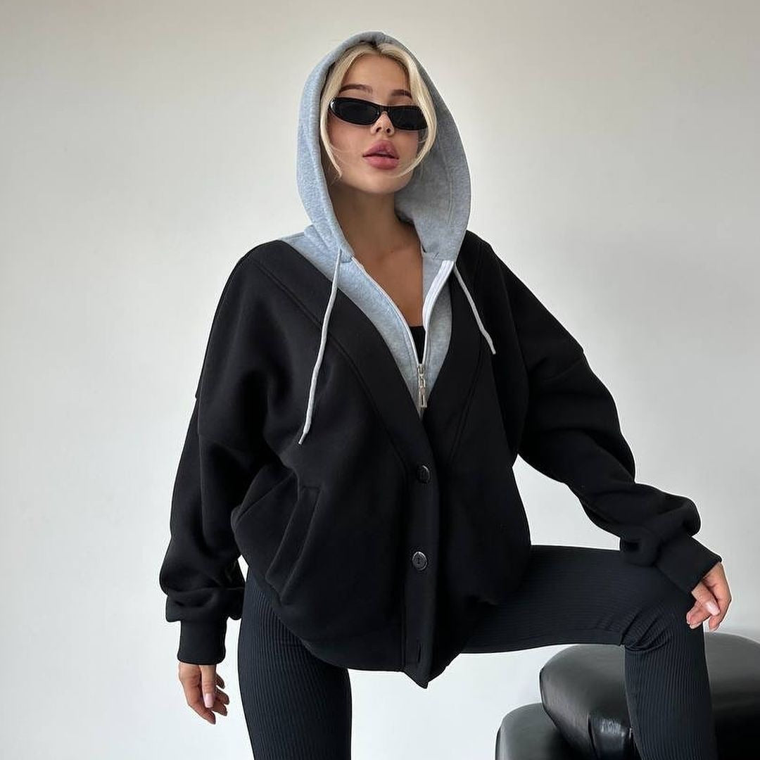 Damen Oversized Kapuzenjacke mit Druckknopfverschluss und Eingrifftaschen Nord Taschen