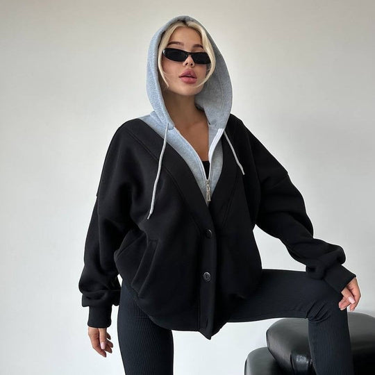 Damen Oversized Kapuzenjacke mit Druckknopfverschluss und Eingrifftaschen Nord Taschen