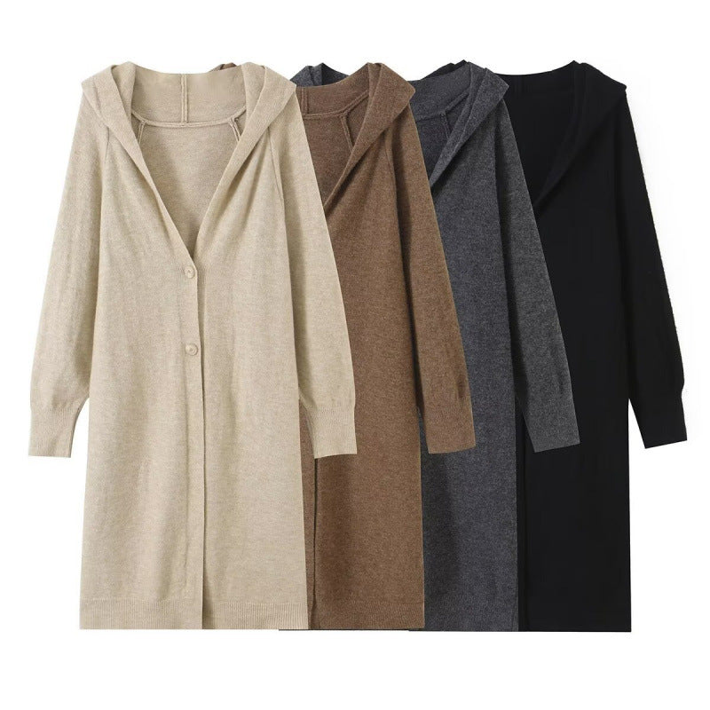 Damen Langer Kapuzen-Cardigan aus Feinstrick mit Knopfleiste und Rippbündchen Nord Taschen