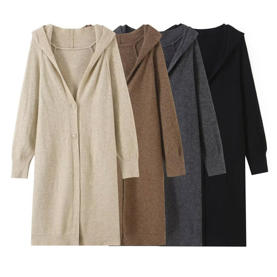 Damen Langer Kapuzen-Cardigan aus Feinstrick mit Knopfleiste und Rippbündchen Nord Taschen