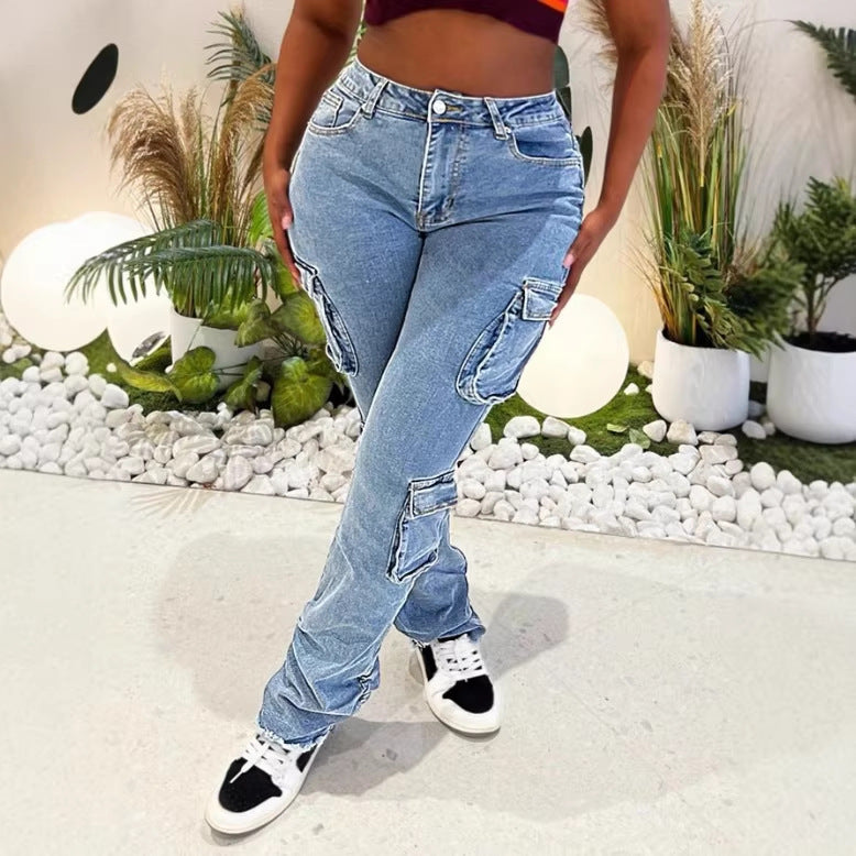 Damen Cargo-Denim-Jeans mit hoher Taille, Slim‑Fit-Hüfte und aufgesetzten Utility-Taschen Nord Taschen