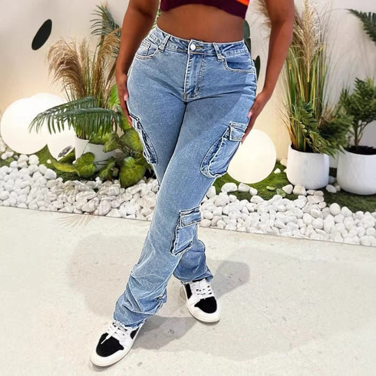 Damen Cargo-Denim-Jeans mit hoher Taille, Slim‑Fit-Hüfte und aufgesetzten Utility-Taschen Nord Taschen