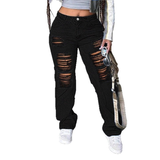 Damen hochgeschnittene weite Denim-Jeans mit ausgeprägten Ripped-Details und lässigem Schnitt Nord Taschen