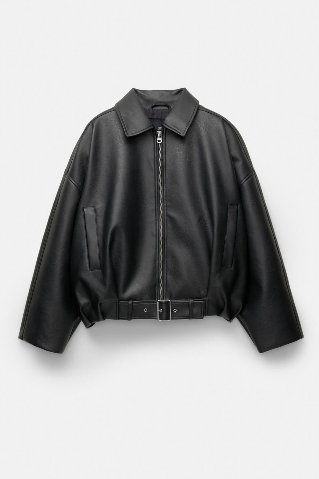 Damen Oversized Lederimitat-Blouson mit Taillengürtel Nord Taschen