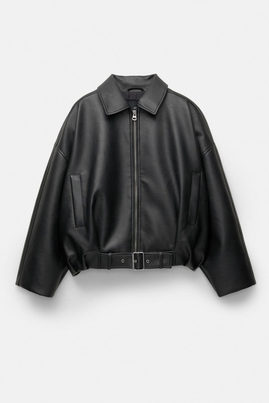 Damen Oversized Lederimitat-Blouson mit Taillengürtel Nord Taschen