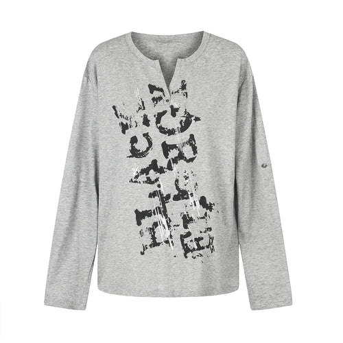 Damen Lässiges Langarmshirt mit Notch‑Ausschnitt, Oversize‑Silhouette und Druckgrafik Nord Taschen