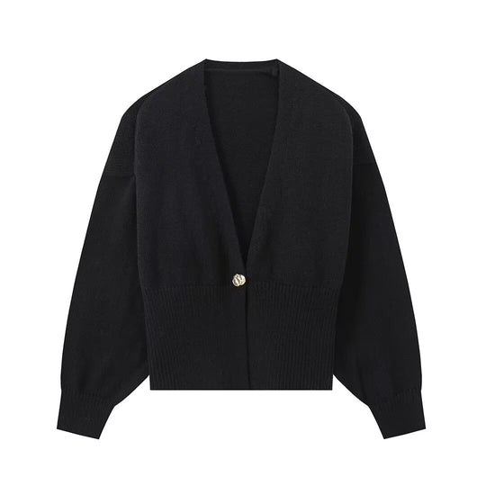 Damen Kurze V‑Ausschnitt Strickjacke mit Ballonärmeln und Zierknopf Nord Taschen