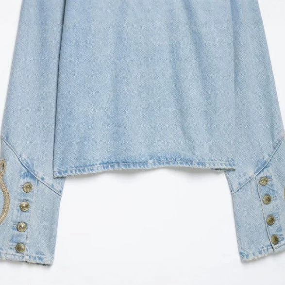 Damen Cropped-Jeansjacke im Military‑Stil mit dekorativer Kordelapplikation Nord Taschen