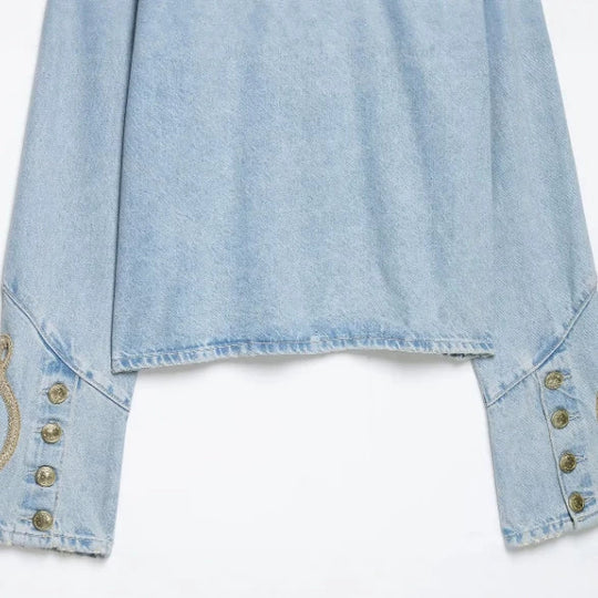 Damen Cropped-Jeansjacke im Military‑Stil mit dekorativer Kordelapplikation Nord Taschen