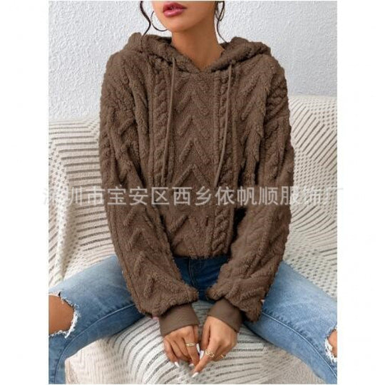 Damen Flauschiger Kapuzenpullover im Zopfmuster mit Oversize-Schnitt Nord Taschen