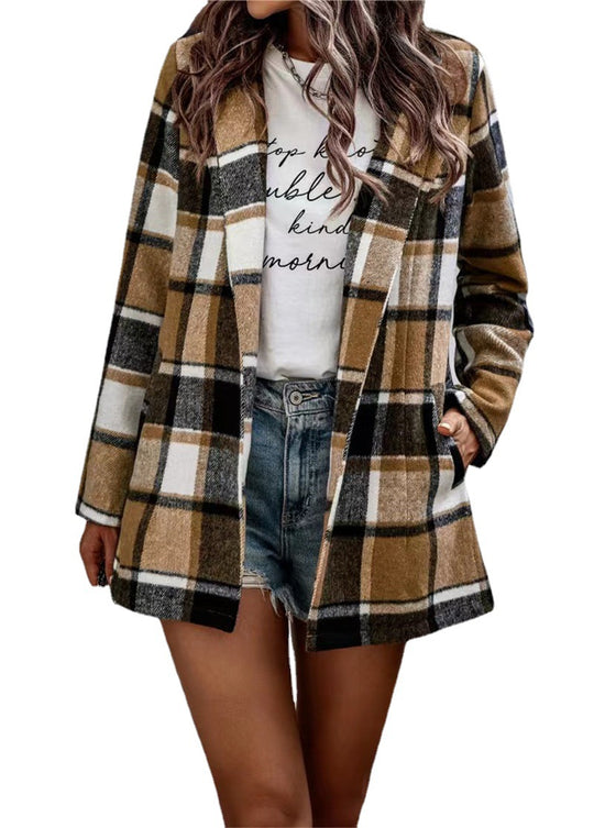 Damen Kariertes Longblazer‑Shacket ohne Kragen, offen geschnitten Nord Taschen