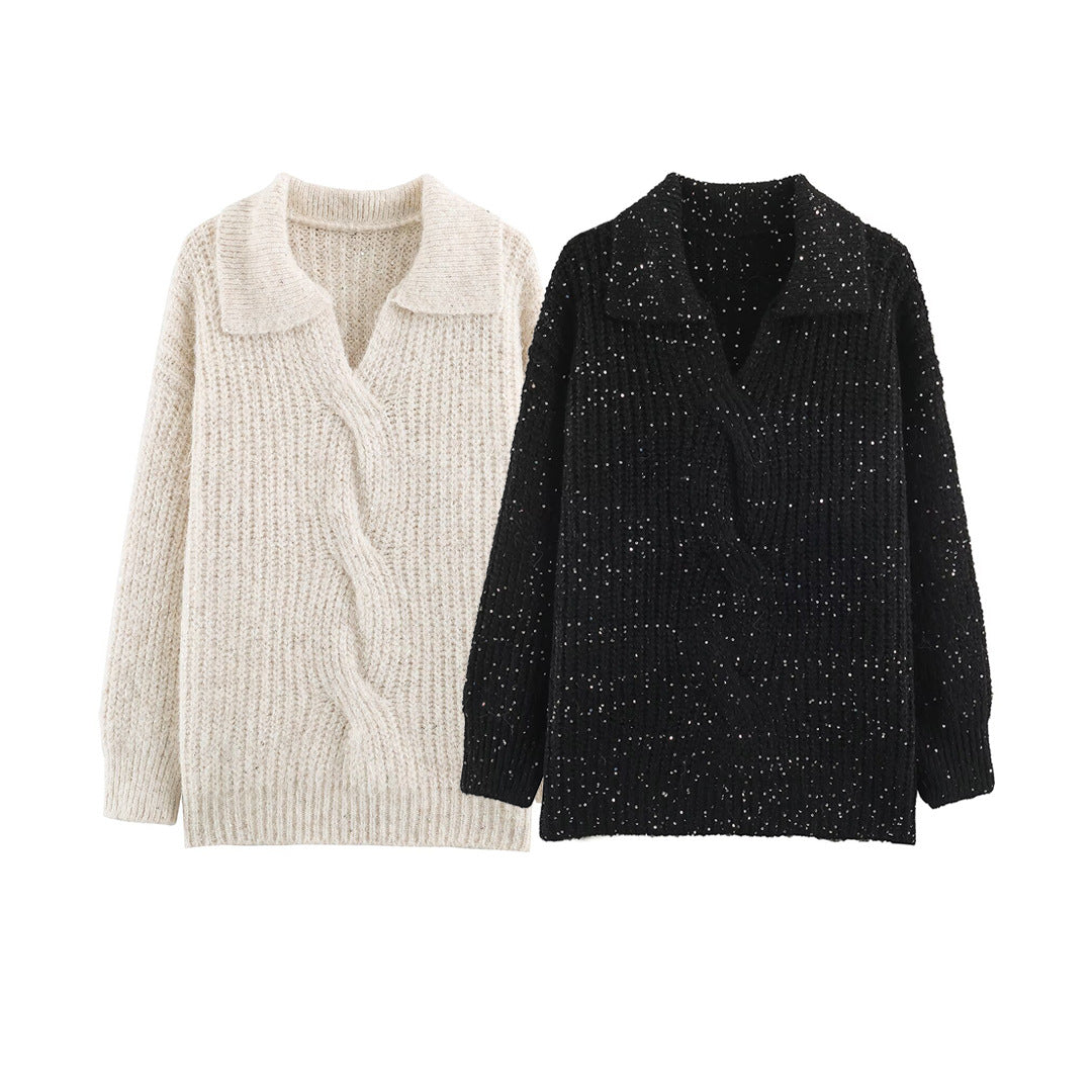 Damen Grobgestrickter Pullover mit weitem Reverskragen und Paillettenbesatz Nord Taschen