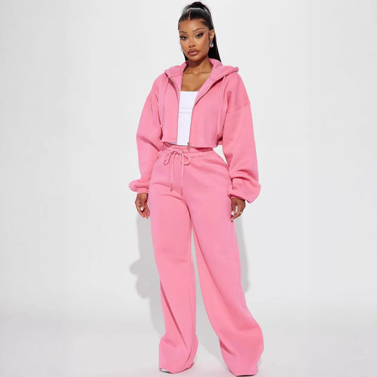 Damen gekürztes Reißverschluss-Kapuzenoberteil und hochtaillierte weite Fleece-Jogginghose Set Nord Taschen