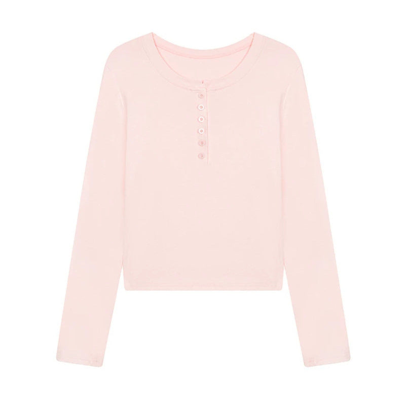 Damen Kurz geschnittenes Henley Langarmshirt aus Baumwolljersey mit Knopfleiste Nord Taschen