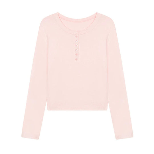 Damen Kurz geschnittenes Henley Langarmshirt aus Baumwolljersey mit Knopfleiste Nord Taschen