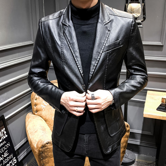 Herren Lässiges Slim-Fit Kunstleder-Sakko mit Reverskragen und aufgesetzten Taschen Nord Taschen