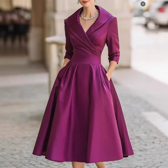 Damen Elegantes Satin-Midikleid mit Wickeloberteil, mittellangen Ärmeln und Eingrifftaschen Nord Taschen
