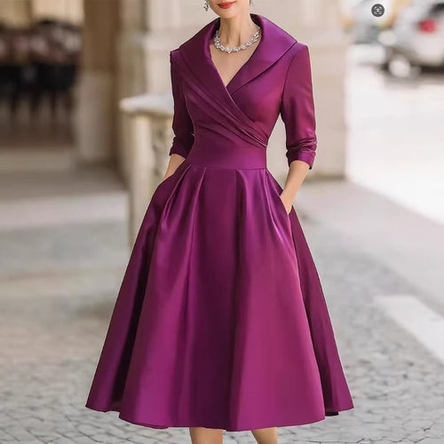 Damen Elegantes Satin-Midikleid mit Wickeloberteil, mittellangen Ärmeln und Eingrifftaschen Nord Taschen