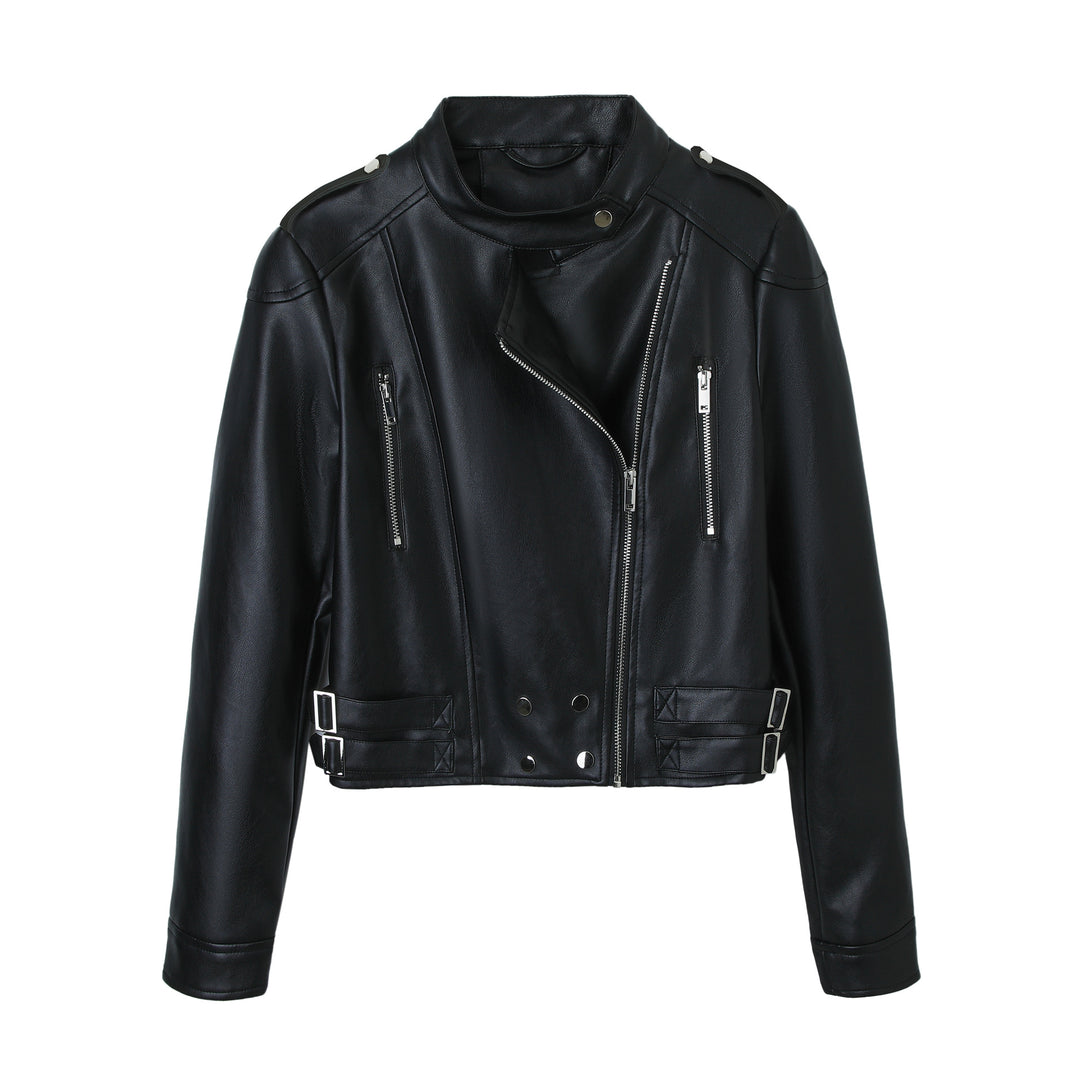 Damen Cropped Bikerjacke aus Kunstleder mit Stehkragen, Ziernähten und Doppel-Schnallen Nord Taschen