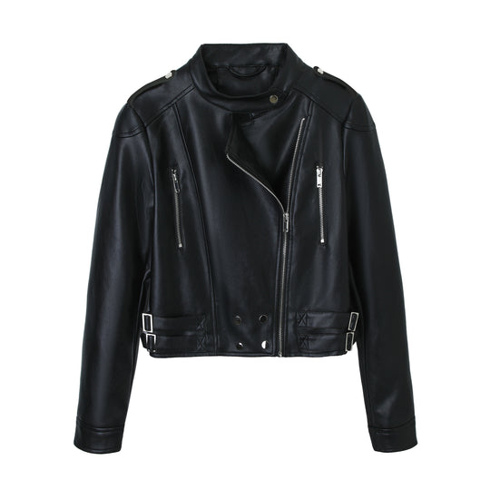 Damen Cropped Bikerjacke aus Kunstleder mit Stehkragen, Ziernähten und Doppel-Schnallen Nord Taschen