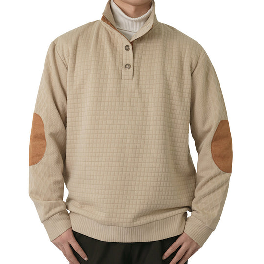 Herren Waffelstrick-Halbzip-Pullover mit Stehkragen Lederbesatz und Ellbogenpatches Nord Taschen