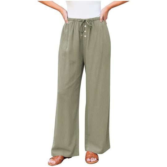 Damen Leinenoptik-Hose mit weitem Bein, Gummizug-Taille, Tunnelzug und Knopfdetail Nord Taschen