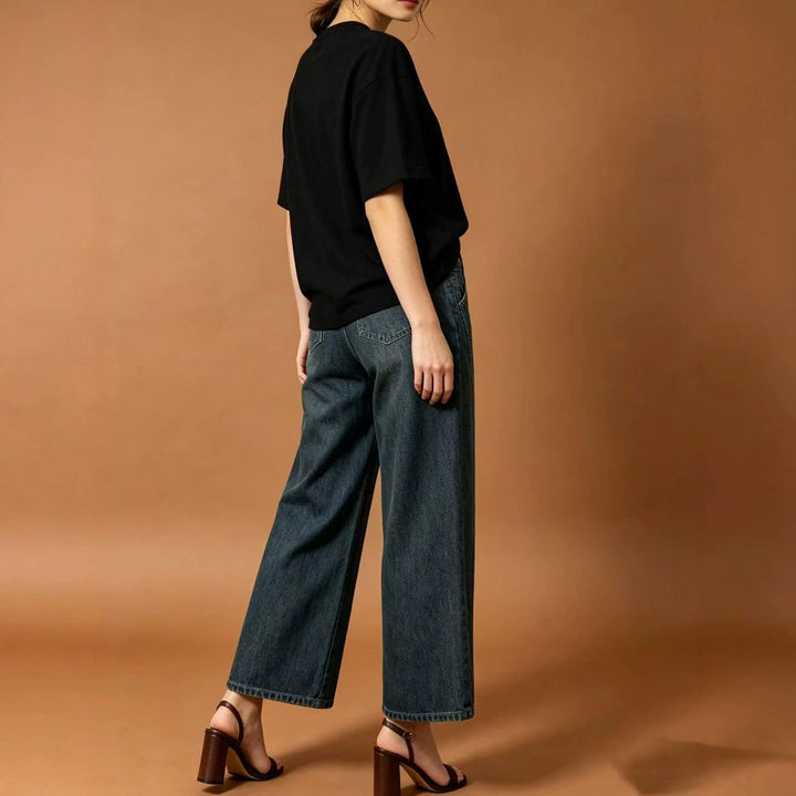 Damen hohe Taille Plissée Wide-Leg-Denimhose mit verkürztem Bein und dekorativen Vorderfalten Nord Taschen