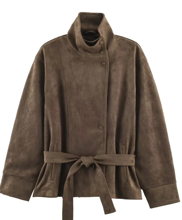 Damen Veloursleder-Optikjacke mit hohem Stehkragen und Taillengürtel Nord Taschen