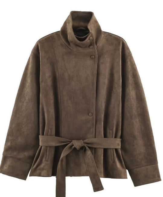 Damen Veloursleder-Optikjacke mit hohem Stehkragen und Taillengürtel Nord Taschen
