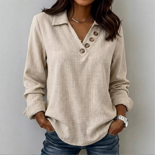 Damen Lässiges V-Ausschnitt-Blusenshirt mit Hemdkragen und asymmetrischer Zierknopfleiste Nord Taschen