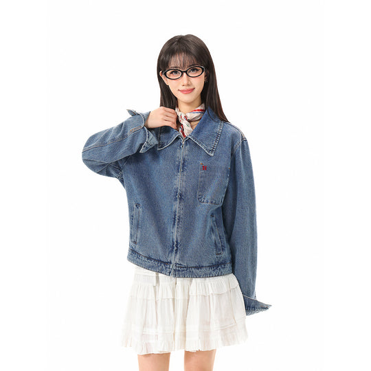 Damen Kurze Oversize-Denimjacke mit durchgehendem Reißverschluss und Brusttasche Nord Taschen