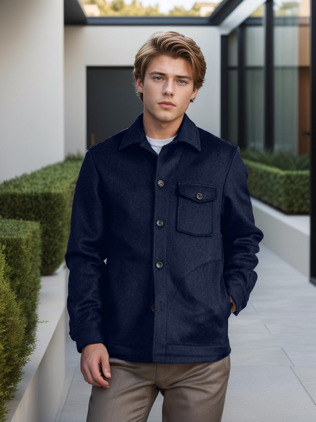 Herren Wollmix-Workerjacke mit Brusttasche und Hemdkragen Nord Taschen