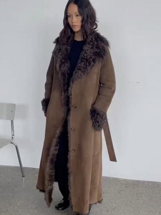 Damen Maxilanger Kunstvelours-Mantel im Shearling-Stil mit Schalkragen und Knopfleiste Nord Taschen