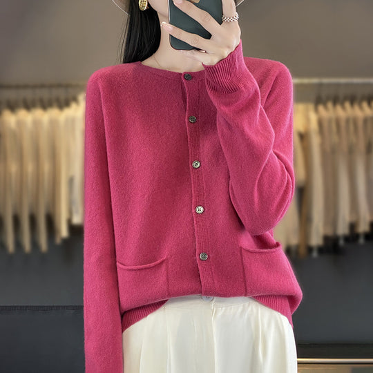 Damen Langer Feinstrick-Cardigan mit Rundhalsausschnitt, Eingrifftaschen und Alpaka-Mix Nord Taschen