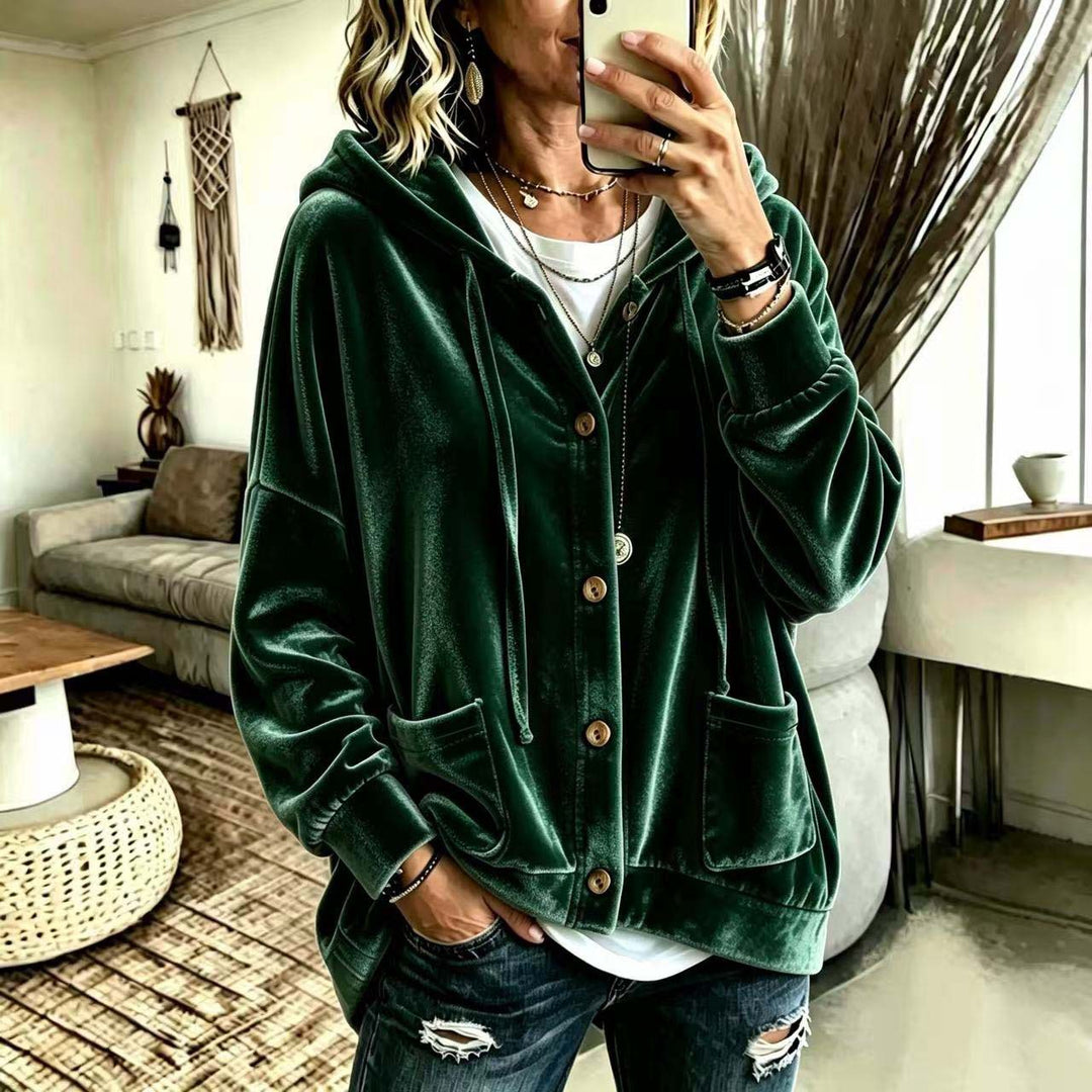 Damen Oversize Kapuzen-Samtjacke mit Knopfleiste und aufgesetzten Taschen Nord Taschen