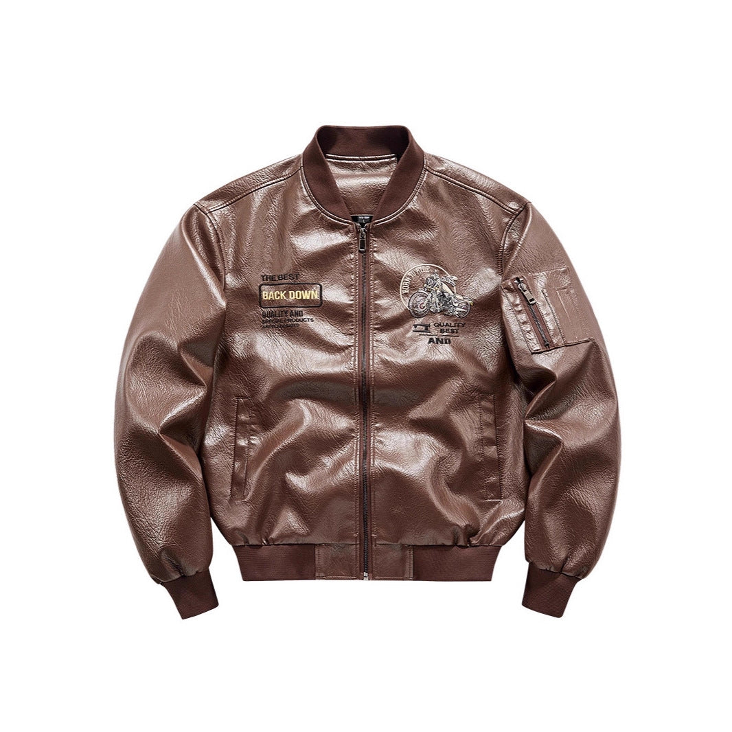 Herren Kunstleder‑Bomberjacke mit wärmender Fleece‑Innenfütterung, Motorrad‑Stickerei und Ärmeltasche Nord Taschen