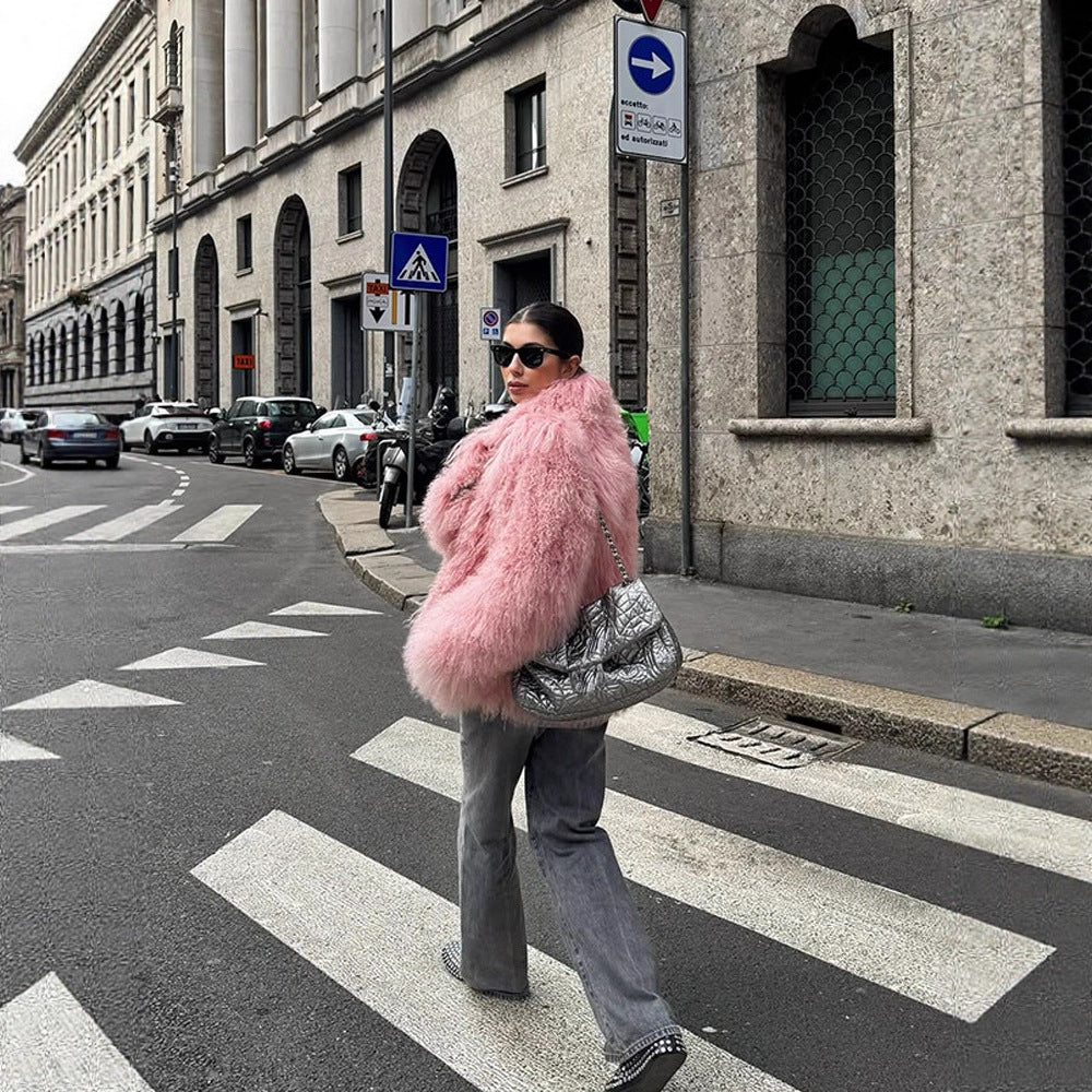 Damen Kurz geschnittener Shaggy Fauxfur Mantel mit voluminösem Schalkragen und Oversize-Silhouette Nord Taschen