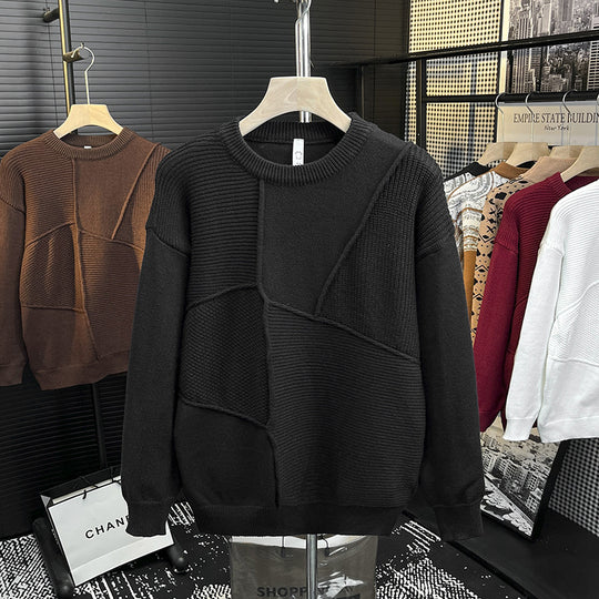 Herren Strukturierter Patchwork-Strickpullover mit Rundhals und gerippten Einsätzen Nord Taschen