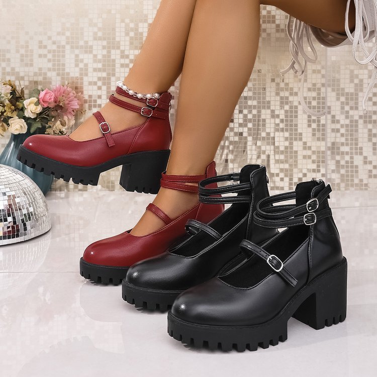 Damen Blockabsatz-Schnürschuhe mit modischem Riemendesign und rutschfester Sohle